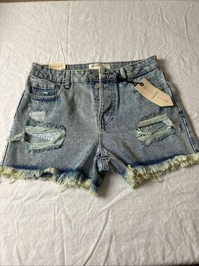 Distressed Light Blue Denim Shorts with Frayed Hem